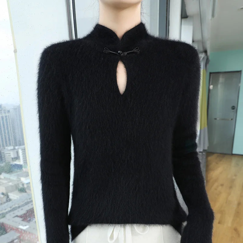2024 autumn winter new 100% mink cashmere sweater women's pullover slim-fit long sleeve solid color stand collar bottom knitwear