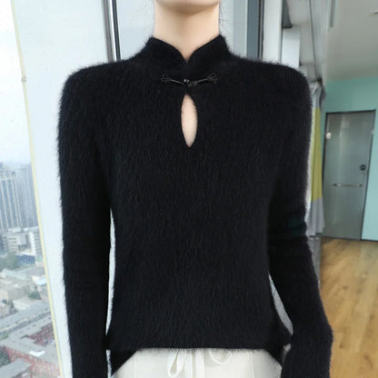 2024 autumn winter new 100% mink cashmere sweater women's pullover slim-fit long sleeve solid color stand collar bottom knitwear