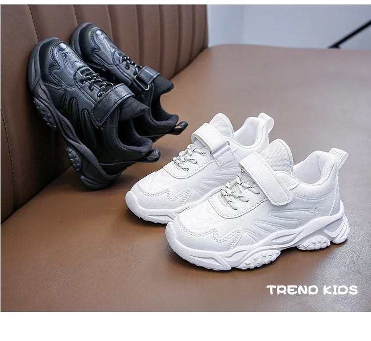 Children White Running Shoes Kids Fashion Sneakers PU Soft Breatheable Comfortable Boys Girls School Sports Shoes Size 26-37.