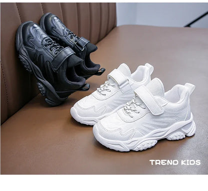 Children White Running Shoes Kids Fashion Sneakers PU Soft Breatheable Comfortable Boys Girls School Sports Shoes Size 26-37.