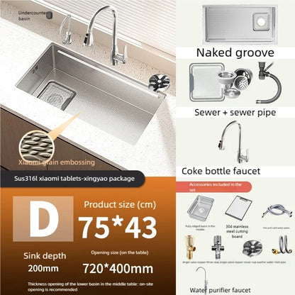 Kitchen Sink 316L Stainless Steels Nano Brushed Surface Large Single Slot Dishwash and Vegetable Washing Basin Undermount Basin