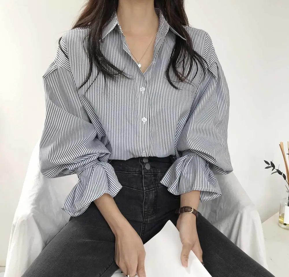 oose Stripe Women Shirts 2025 Fashion Lapel Collar Long Sleeve Shirt Elegant Classic Top.