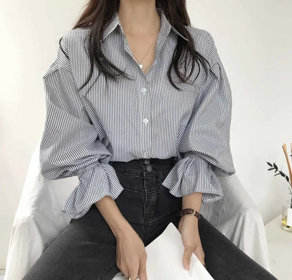 oose Stripe Women Shirts 2025 Fashion Lapel Collar Long Sleeve Shirt Elegant Classic Top.
