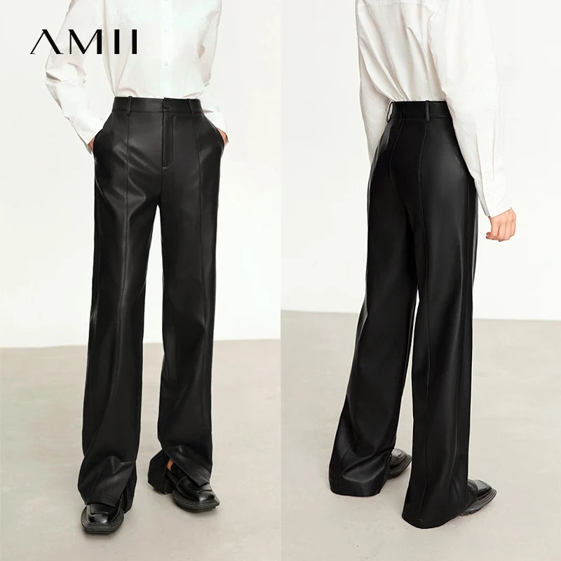 AMII Minimalist Casual Pants for Women 2025 Autumn Clothing PU Leather Loose Straight Pants Slit Office Lady Trousers 12343250.