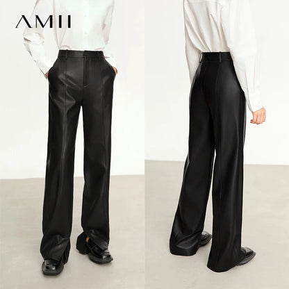AMII Minimalist Casual Pants for Women 2025 Autumn Clothing PU Leather Loose Straight Pants Slit Office Lady Trousers 12343250.