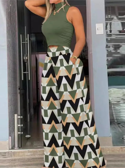 Women Casual Print Set Fashion Sleeveless Turtleneck Top T-shirt 2 Piece Sets Lady Loose Wide Leg Pants Two Piece Sets Summer.