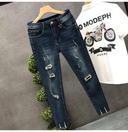 Trendy Unique Holed Men's Jeans Straight Leg Slim Fit Cropped Pants Summer Style Casual Business Fashion Shorts For Men.