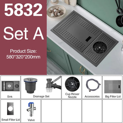 ASRAS Nano Black Small Size Kitchen Sink Cup Washer Hidden Bar Counter Cover Concealed Single Bowl Sinks With Lifting Faucet