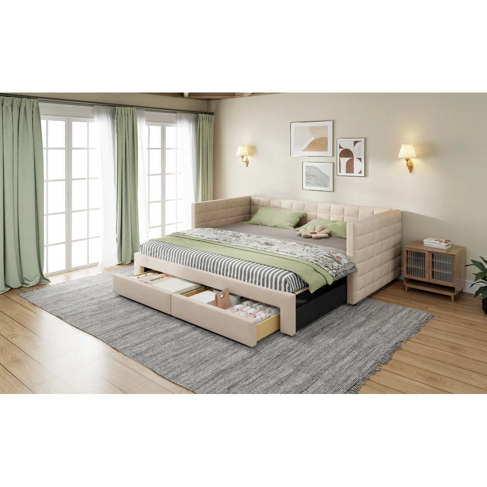 3-in-1 ausziehbares Schlafsofa 90 x 190 cm, Multifunktionsbett mit Schubladen, Einzel-/Doppelbett, Baumwolle und Leinen (Matratze nicht im Lieferumfang enthalten)