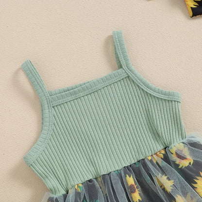 Baby Stram pler Kleid Sonnenblumen Print Spaghetti träger Tüll Rock Saum Baby Body suits Overall Sommerkleid ung mit Stirnband.