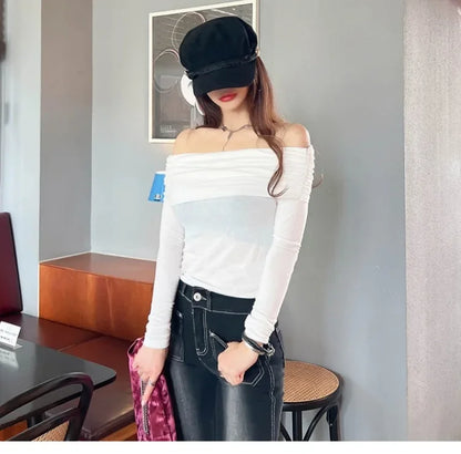Korean Dongdaemun Spring Summer New Style Elegant One Shoulder Pleated Thin Long Sleeve Slimming Fit Cotton T-Shirt.