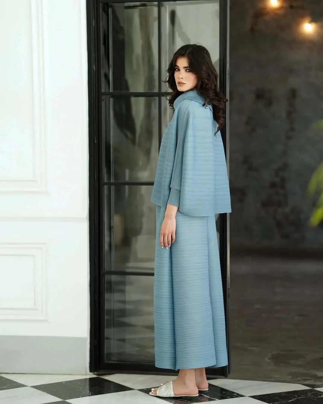 YUDX Miyake Pleated New Women's Fashion Clothing Set, Stand Up Collar Bat Sleeve Top, Wide Leg Pants Two-piece Set.