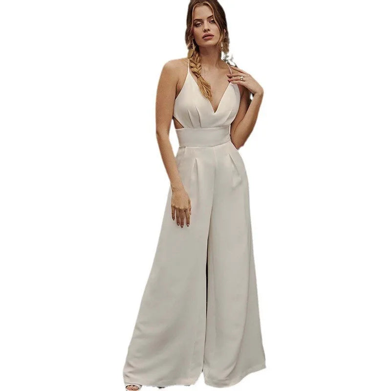 Women Sexy Jumpsuits Backless V-neck Spaghetti Strap Lace-up New Summer Sleeveless Elegant Street Wide-leg Pants Long Rompers.