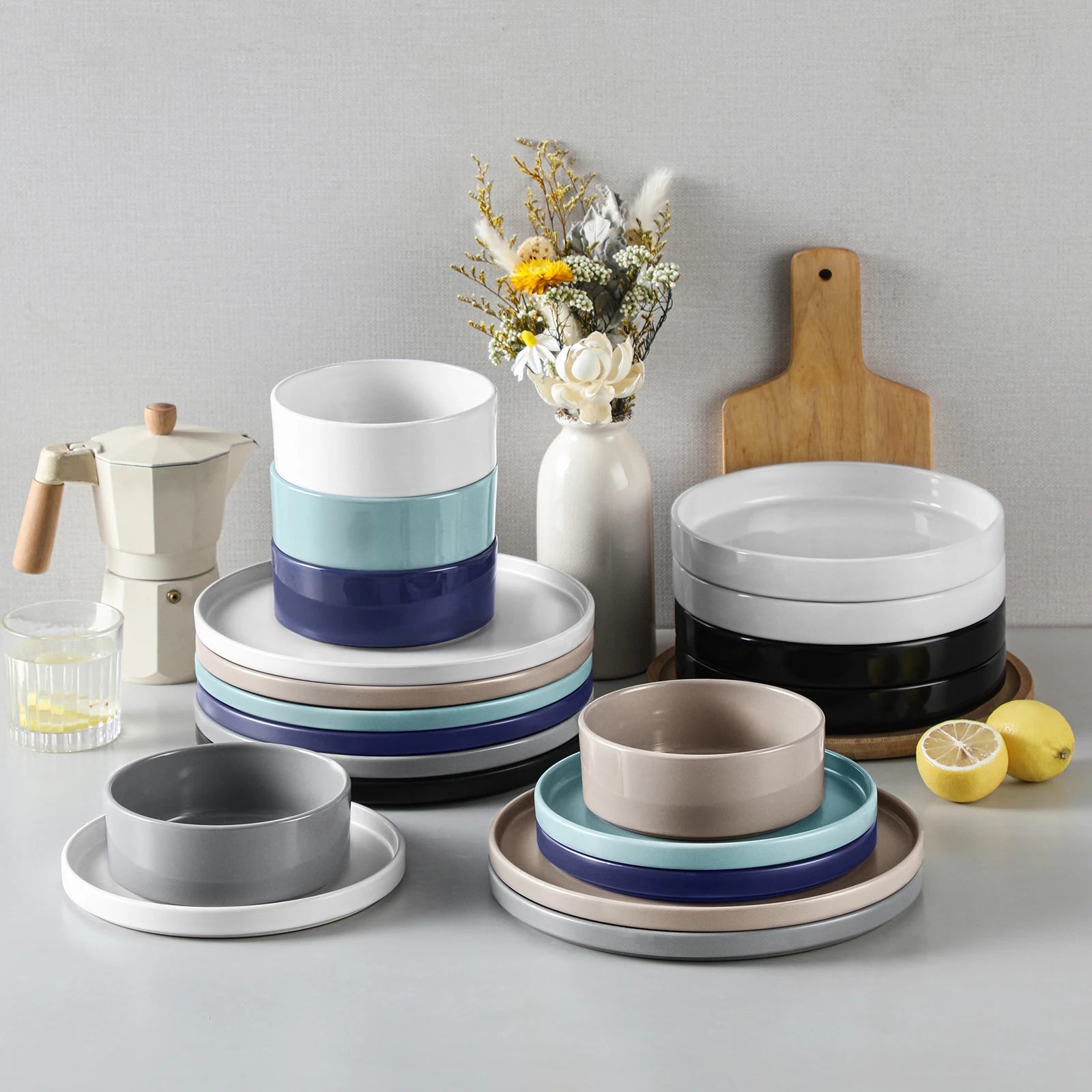 VANCASSO 6Piece Beige/WHITE/BLUE/Dark Blue/GREY/Black Stoneware Tableware Set with Dinner/Dessert Plate/Bowl For 6 Person.