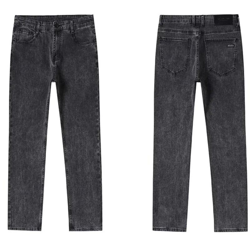 Men Business Denim Pants Male Classic Casual Straight Leg Slim Fit Trousers Elastic Solid Smoke Gray Pants.