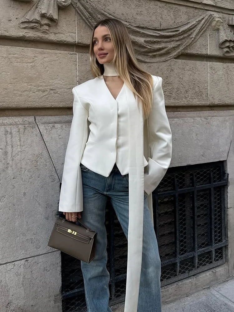 TARUXY Gestreiften Druck V-ausschnitt Band Anzug Mantel Für Frauen Langarm Tasten Büro Dame Top Elegante Weibliche Neue Blazer Outwear.