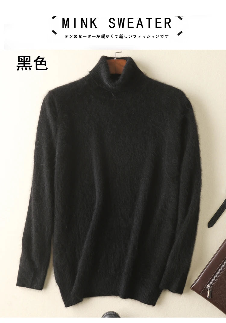 Men's 100% pure Mink Knitted Sweater Turtleneck Large Size Casual Pullover Autumn Winter New Base Shirt Men Warm High Lapels Top