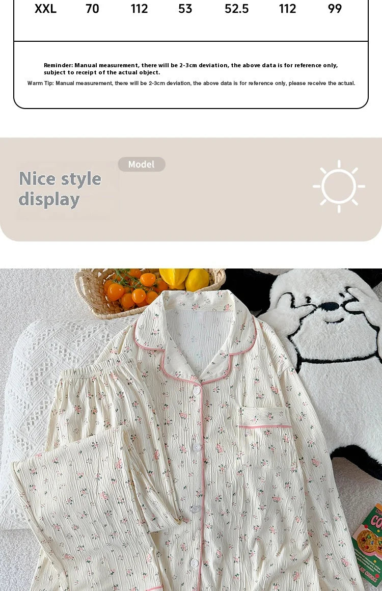 Sweet Little Floral Pajamas Women's Spring and Autumn Long Sleeves New High-Value Niche Pajamas Loungewear Wrinkle Cloth Set.