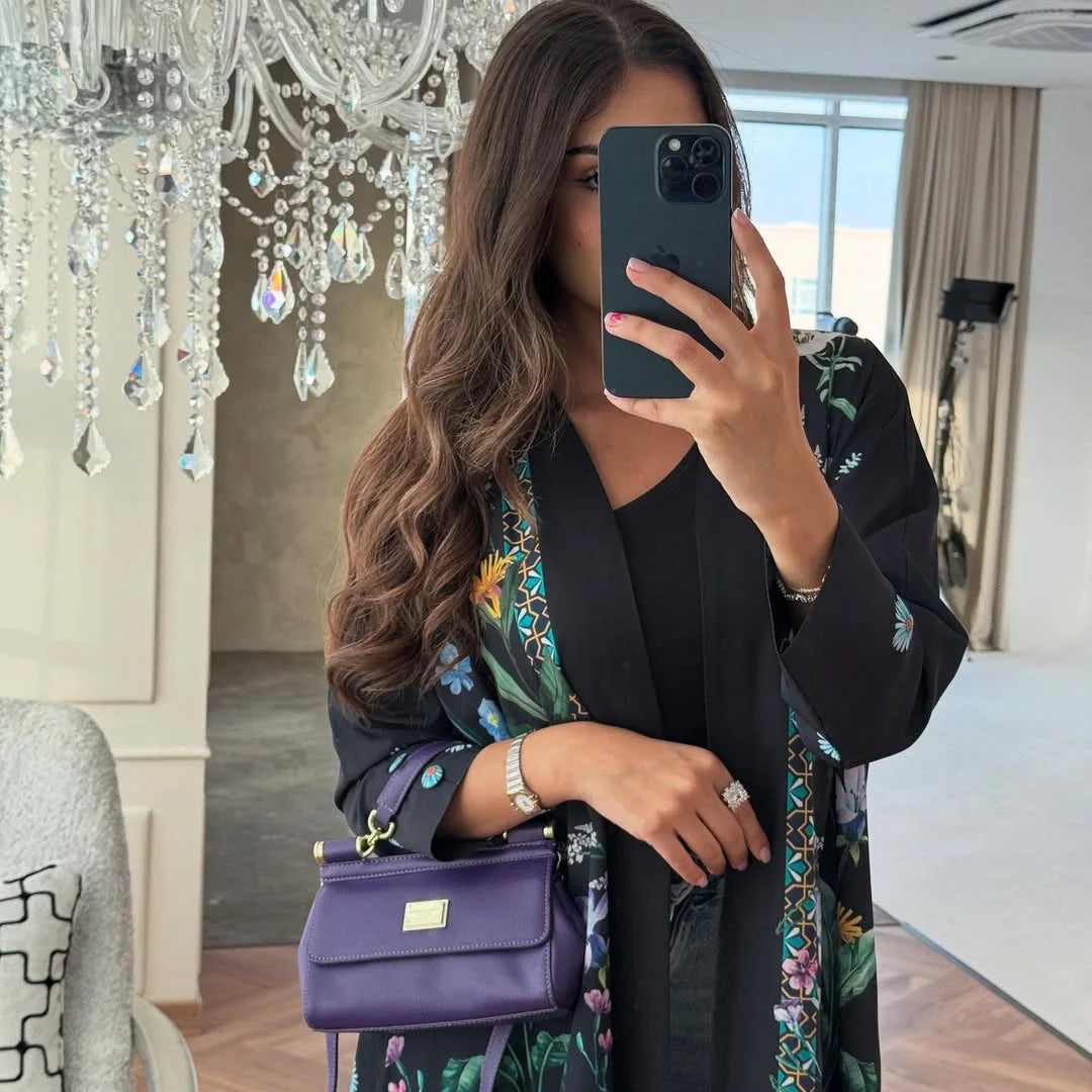 2025 Elegant Dubai Floral Print with Hijab Kimono Abaya Dress Luxury Saudi Arabia Muslim Women Islamic Middle East Turkey Robe.