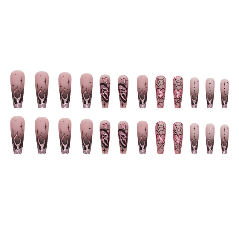 24pcs Glitter Pink Sequins Fake Nails 2025 Halloween Scary Skull Love Print False Nails Wearable European Ballet Press on Nails.