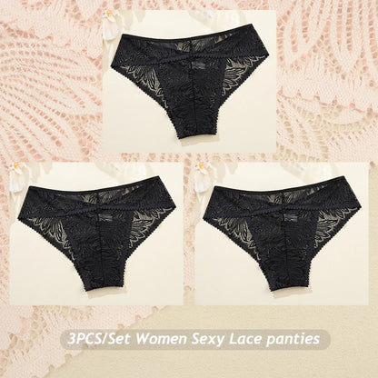 3PCS/Set Women Lace Panties Sexy Low Riase Elastic Brifes Solid Color Perspective Breathable Underwear Ladeis Sexy Lingerie
