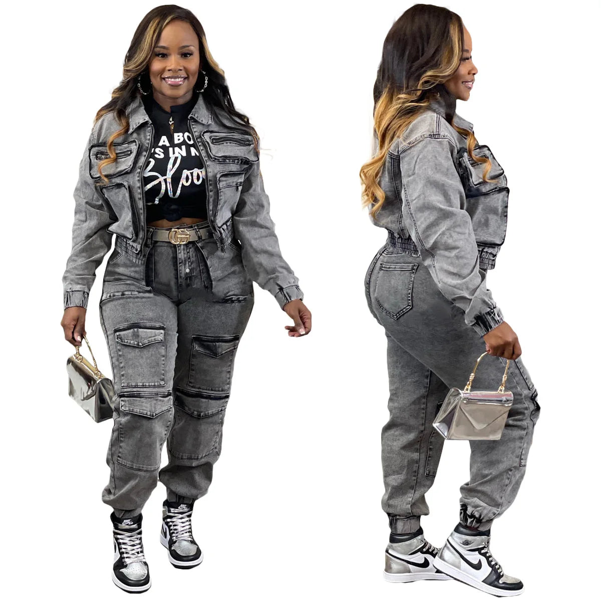 Pant Sets Long Sleeve Women Tracksuit Zipper Denim Coat Cargo Ankle Length Pants Pockets High Street Spliced Slim 2024.