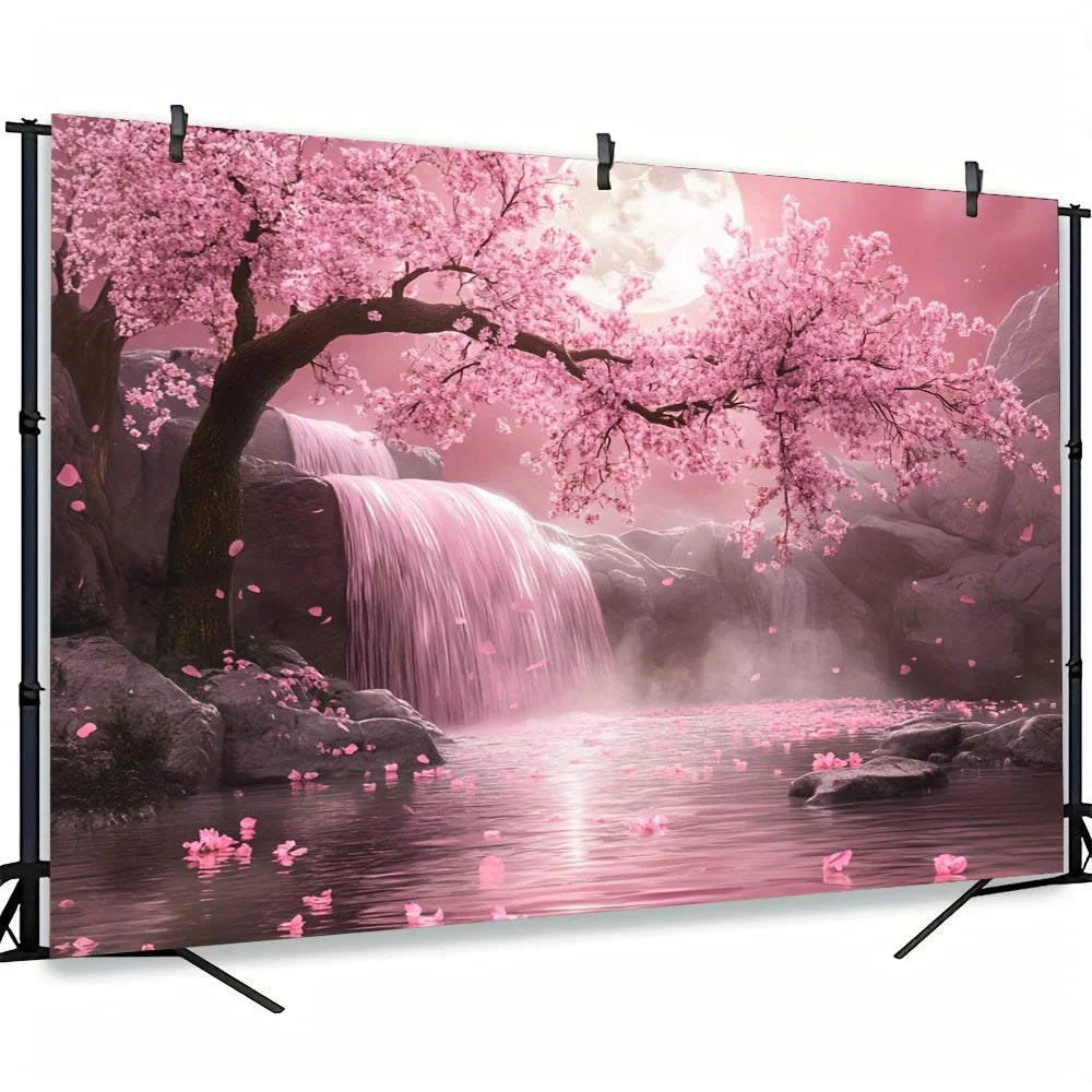 1pc Cherry Blossom Backdrop with Pink Sakura Tree & Waterfall Scene - Vibrant Polyester Fabric Wall Art for Living Room, Outdoor.
