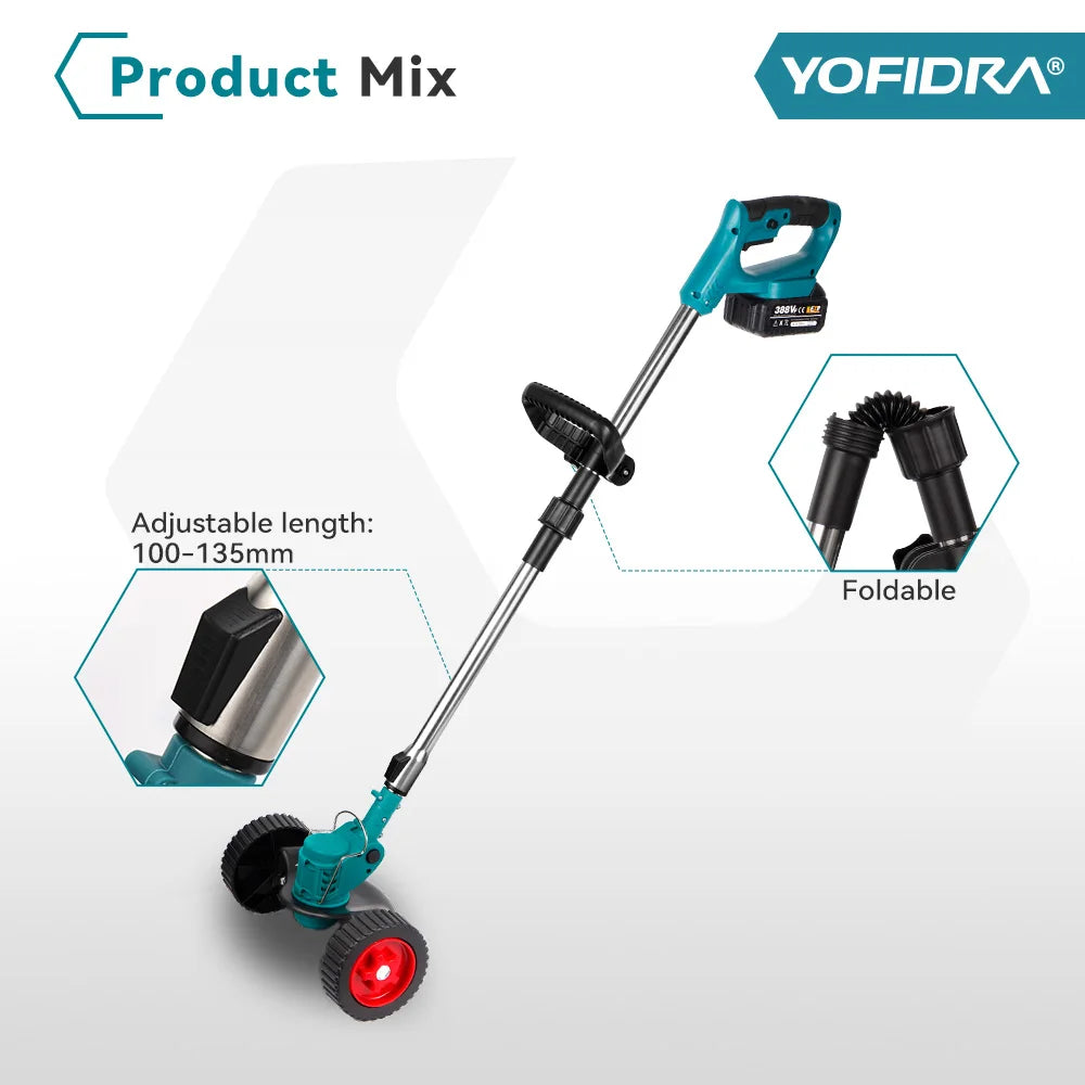 YOFIDRA 100–135 cm elektrischer Rasenmäher, 1500 W, kabellos, faltbar, Trimmer, Beschneiden, Schneiden, Garten, Elektrowerkzeug für Makita-Akku-Pin
