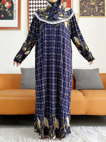 2023 Muslim Solid Cotton Abaya For Women Ramadan Prayer Garment Joint Hat Dubai Turkey Middle East Femme Robe Floral Loose Dress.