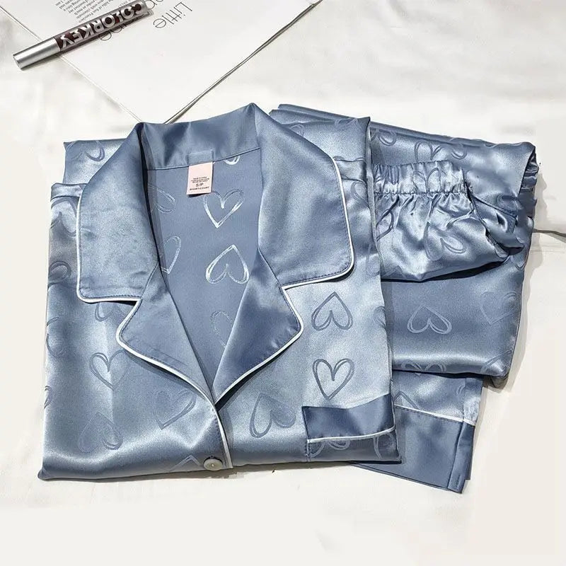 Mädchen-Pyjama aus Kunst-Eisseide, langärmliges Damen-Pyjama aus grüner Spitze mit Premium-Feeling, zweiteiliges Set süßer Loungewear, liebeblauer Stoff.