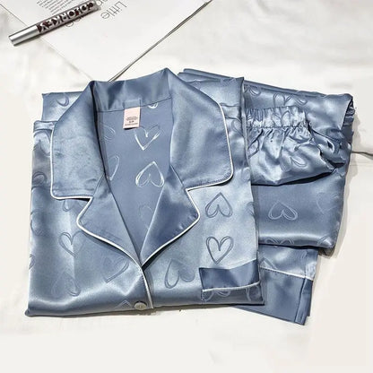 Mädchen-Pyjama aus Kunst-Eisseide, langärmliges Damen-Pyjama aus grüner Spitze mit Premium-Feeling, zweiteiliges Set süßer Loungewear, liebeblauer Stoff.