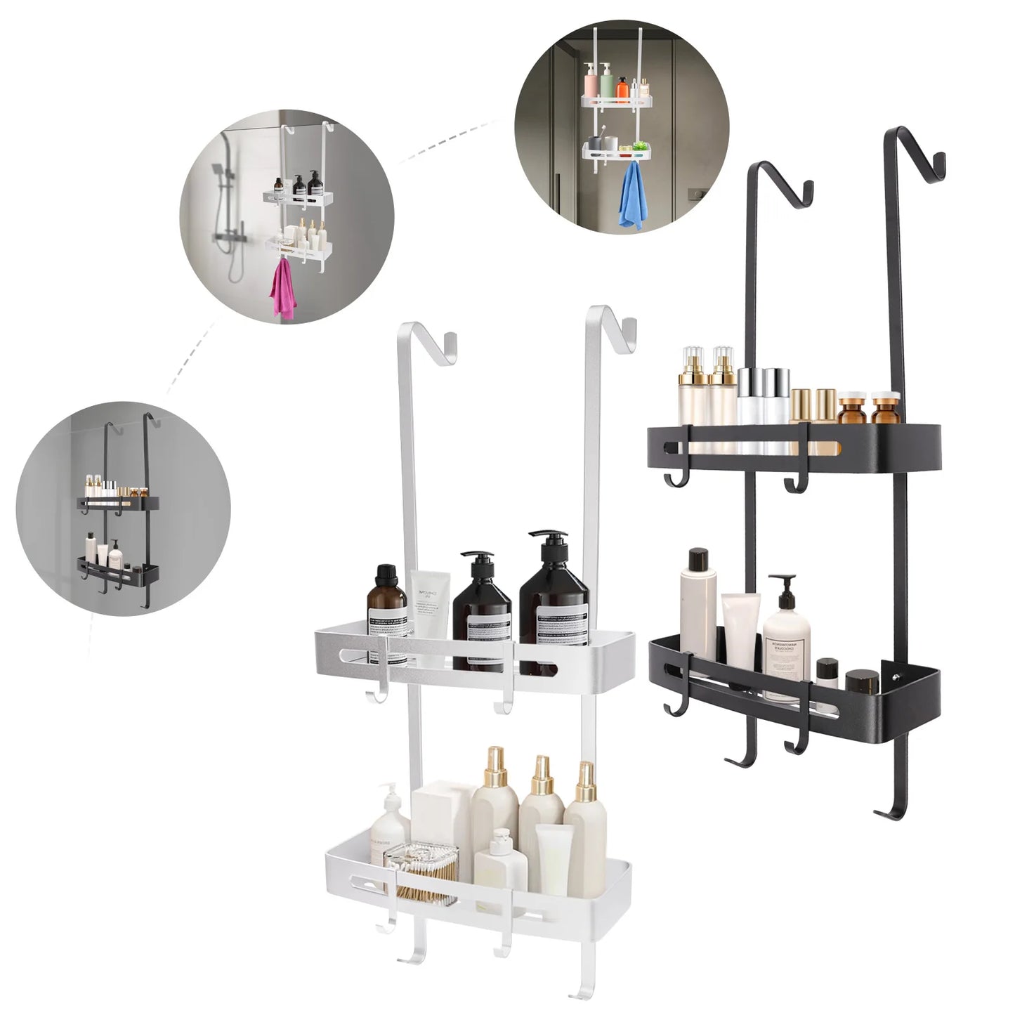 Modernes 2-stufiges Badezimmerregal in Silber/Schwarz, an der Tür montiertes Lagerregal, geeignet für Badezimmer, Küche, Wohnzimmer, Balkon