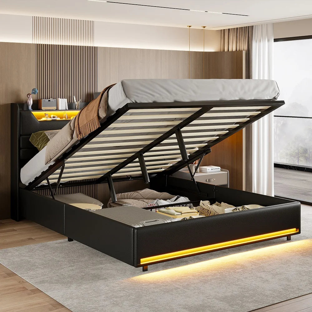 Lazyspace Schwarzes PU-Bett mit Stauraum, Kopfteil mit LED-Bettrahmen, gepolstertes Druckstangenbett mit Stauraum, Schlafzimmermöbel