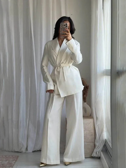 HH Women's Suits White Turn-Down Collar Long Sleeves Lace-Up Blazers+High Waist Zipper Long Pants Female Spring Fashion Sets.