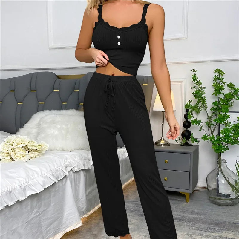 Zweiteiliges Pyjama-Set für Frühling und Sommer für Damen, Nachtwäsche, Spitzen-Hosenträger, Oberteile und lange Hosen, Pijamas, Loungewear.