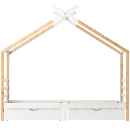 KOMHTOM Kinderbett Hausbett 90x200 cm, Massivholz Kiefernholz mit Schubladen und Lattenrost