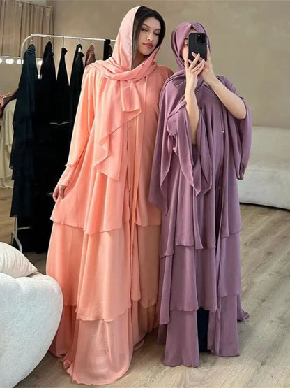 Summer Open Chiffon Khimar Kimono Abaya Dubai Luxury 2024 Muslim Sets Modest Kaftan Hijab Dresses For Women Islam Kebaya Damen.