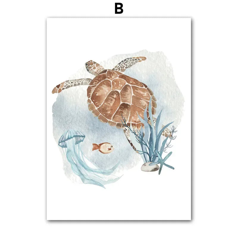 Posters And Prints Whale Fish Shark Octopus Turtle Sea Animals Nursery Wall Art Canvas Painting Pictures Baby Kids Room Decor.