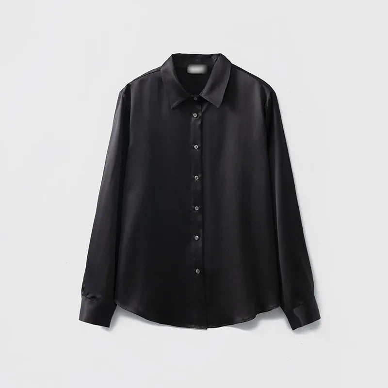 Women's French Style High Quality 40 MM Heavy Office Lady Solid Satin Silk Long Sleeve Shirt Ladies' Blouse.