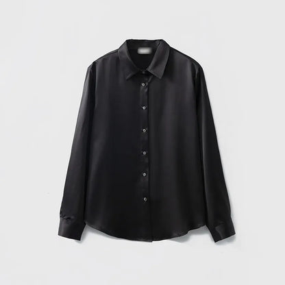 Women's French Style High Quality 40 MM Heavy Office Lady Solid Satin Silk Long Sleeve Shirt Ladies' Blouse.