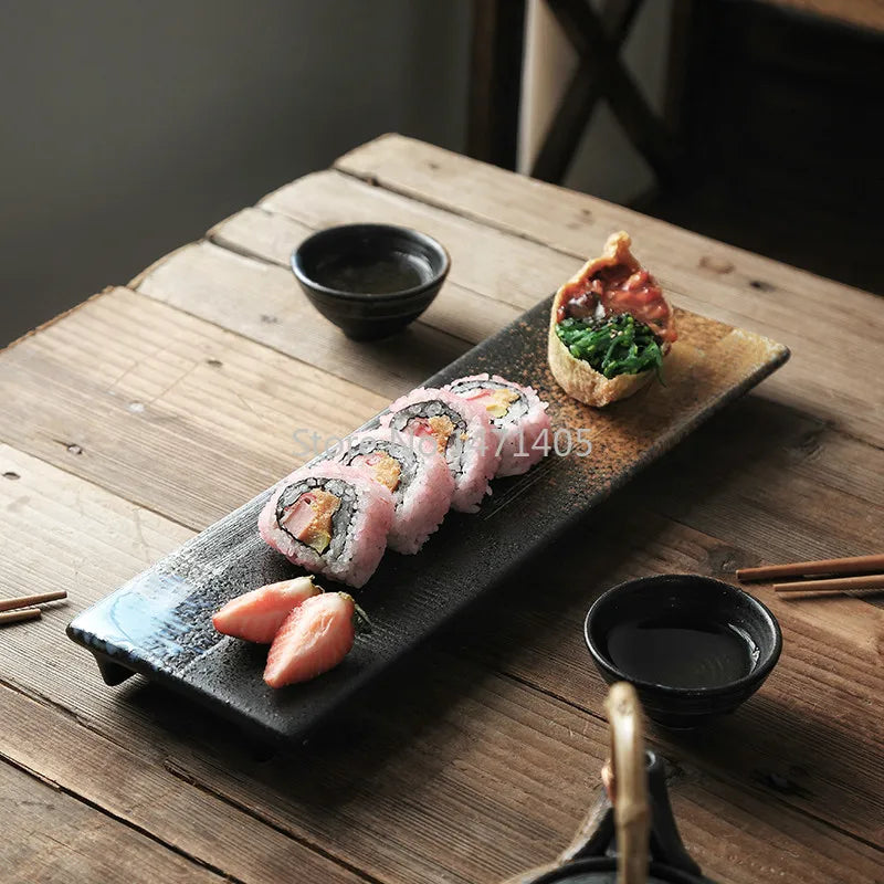 Rectangular Sushi Plate Sashimi Plate Cold Dishes Flat Plate Japanese Ceramic Plate Retro Restaurant Long Plate.