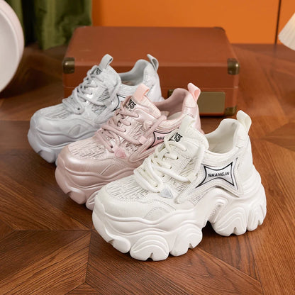 AUTUSPIN 10cm Pink Thick Soled Shoes for Summer Women Breathable Lace-up Ladies Sneakers Outdoor Casual Fashion Platform Shoes.