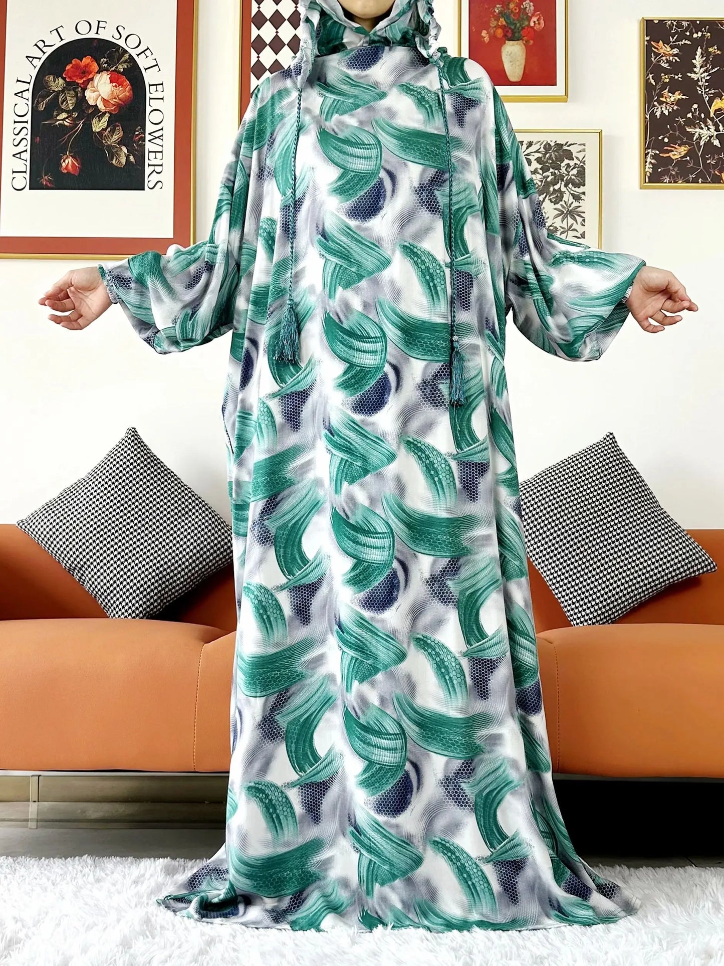 Promotion New Two Hat Women Abaya With Hooded Floral Casual Long Sleeve Abaya Tassel Muslim Saudi Prayer Kaftan Oriental Robes.