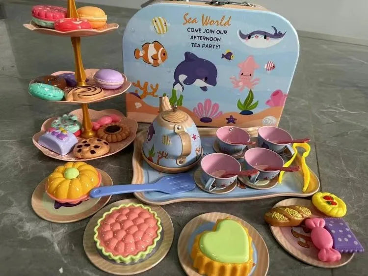 Kids Tea Party Set For Little Girls Mermaid Gift Pretend Toy Tin Tea Set Princess Tea Time Kitchen Pretend Play Tea Set Gift.