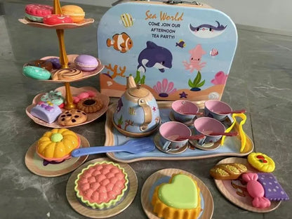 Kids Tea Party Set For Little Girls Mermaid Gift Pretend Toy Tin Tea Set Princess Tea Time Kitchen Pretend Play Tea Set Gift.