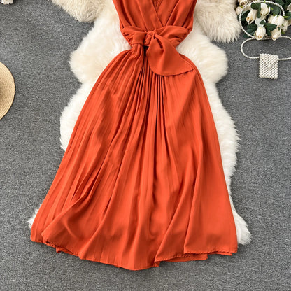 Französisch Vintage elegante Plissee Vneck Kleid A-Linie Mode Chiffon Frühling Herbst ärmellose Vestidos Frauen kleider