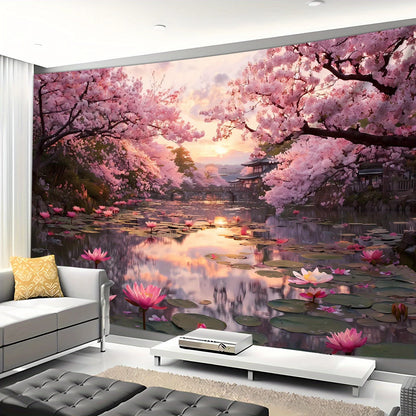 1pc Extra Large Japanese Cherry Blossom Sunset Tapestry - Pink Floral Lakeside Wall Hanging with Lotus Flowers, HD Printed Wrink.