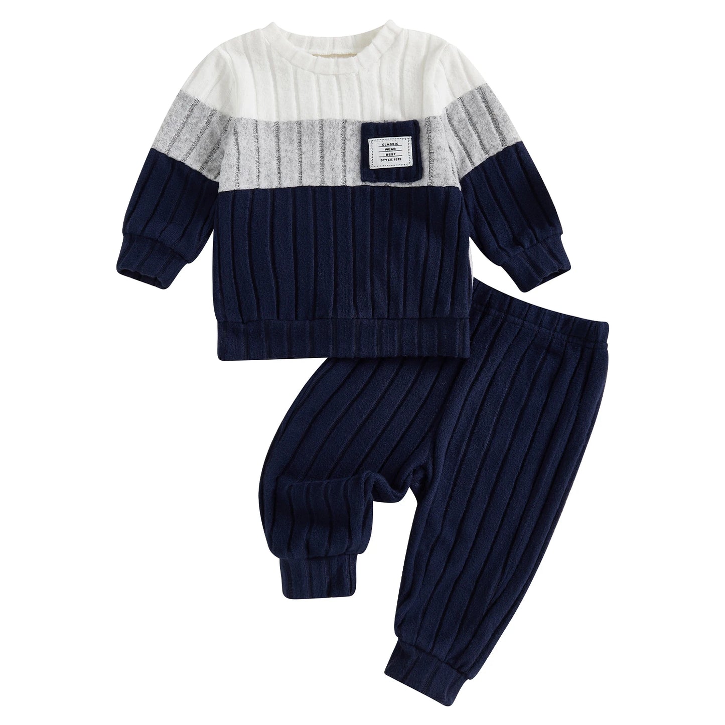 VISgogo 0-3 Years Boys Fall 2Pcs Clothes Sets Long Sleeve O Neck Patchwork Pullover Solid Color Pants.