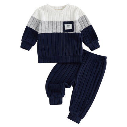 VISgogo 0-3 Years Boys Fall 2Pcs Clothes Sets Long Sleeve O Neck Patchwork Pullover Solid Color Pants.
