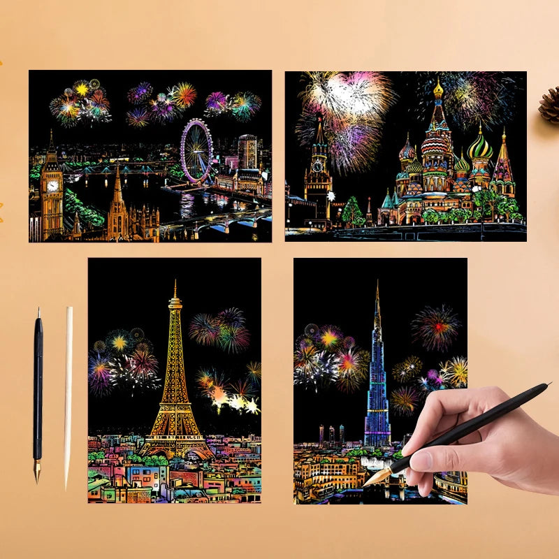 4PCS Scratch Art Paper World Landmarks Animals Painting Toy with Stylus Stress Relief Drawing Kids Adult Gift Glow in Dark Craft.